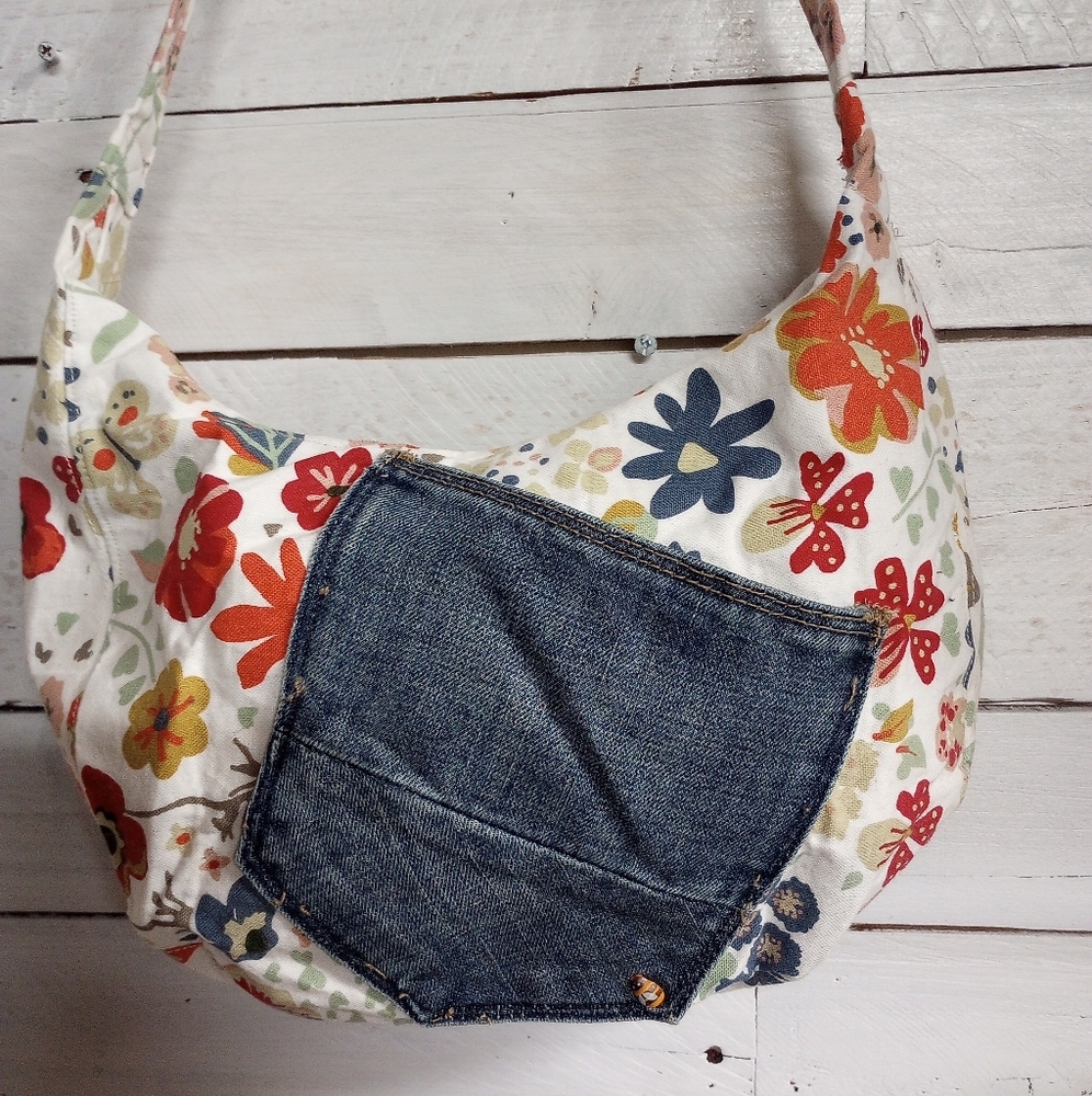 Handcrafted Denim and Floral Shoulder Purse Handbag, Zipper Top Boho Hippie